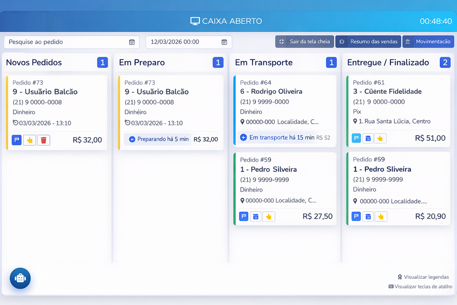 Tela principal do sistema CFO Pocket 